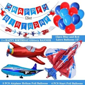 Airplane birthday decorations and Mylar balloons